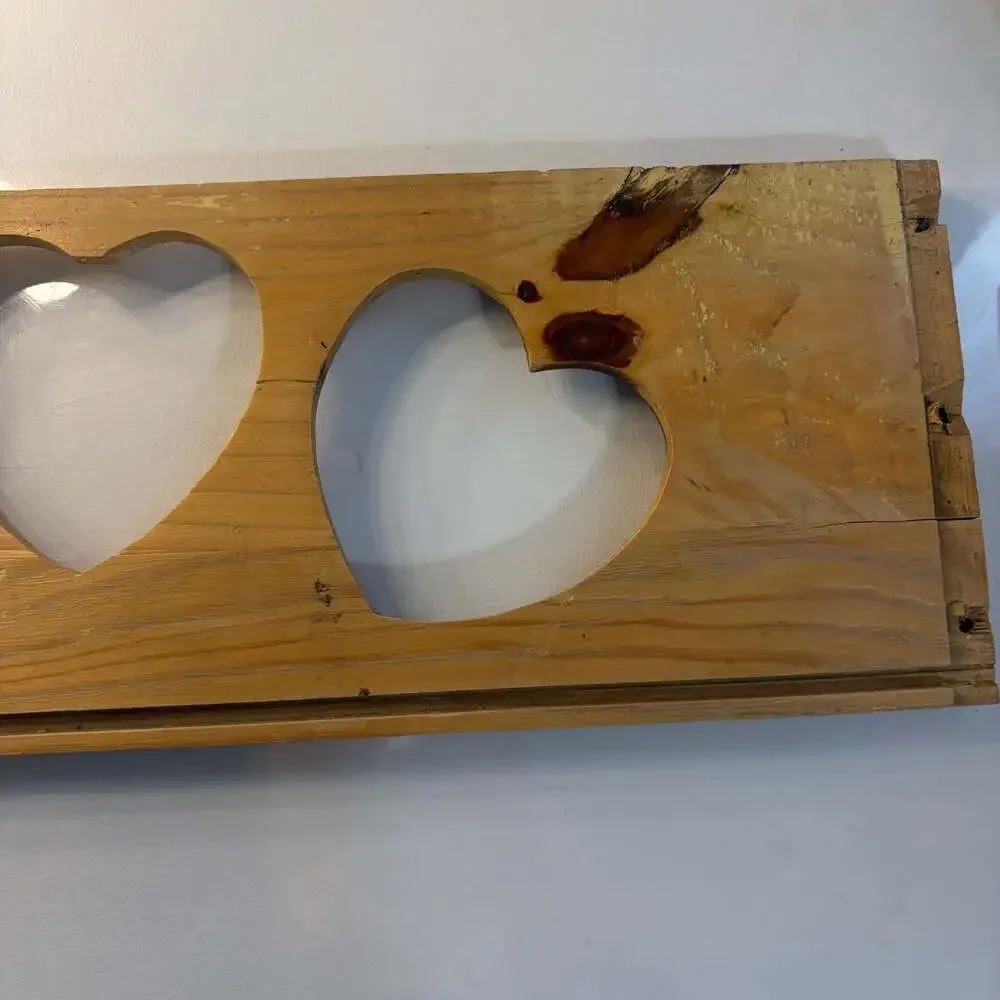Vintage Rustic Pine Triple Heart Cutout Wall Decor Candle Holder or Shelf